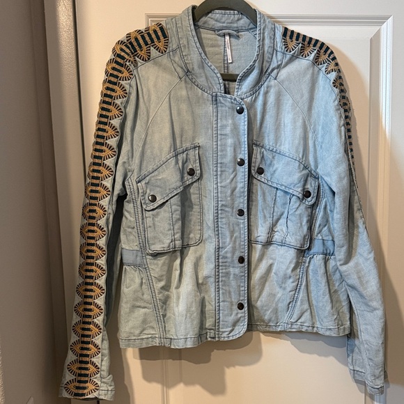 Free People Light Blue Denim Jacket with Black and Brown Embroidery - Picture 1 of 8